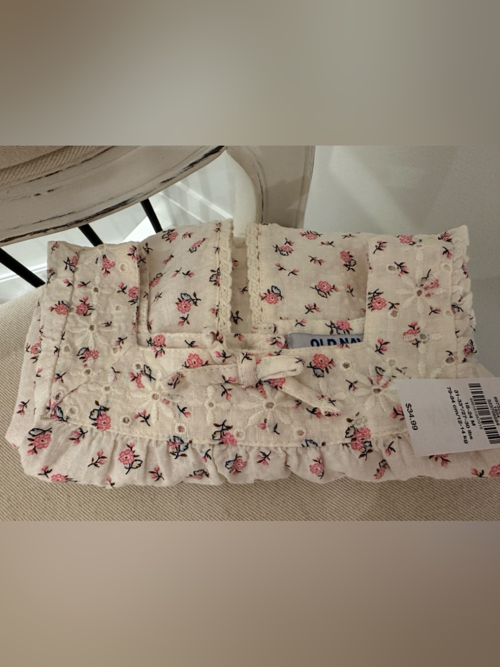 🤍 18~24 Mth Old Navy Cream Boho Ruffle Baby Dress with Pink Floral Print NWT - Picture 9 of 14
